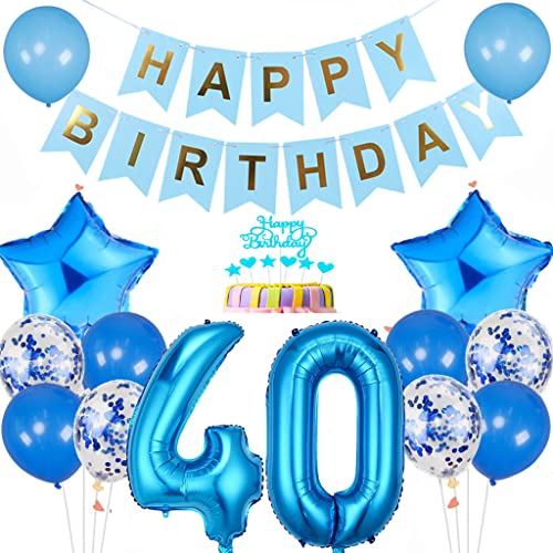 Conruich Luftballon 40. Geburtstag Dekoration, Geburtstagsdeko 40 Jahre Mann Frau, Tortendeko Geburtstag 40 Jahre Männer, Blau 40. Geburtstag Deko, Happy Birthday Banner für 40. Geburtstag Party Deko von Conruich