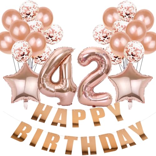Conruich Luftballon 42. Geburtstag Deko, Roségold Geburtstagsdeko 42 Jahre Frau, Folienballon Happy 42th Birthday Deko 42 Jahre Frau, Happy Birthday Banner für 42. Geburtstag Frauen Party Dekoration von Conruich