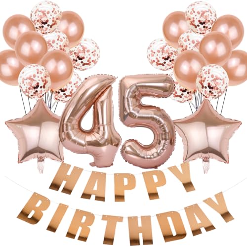 Conruich Luftballon 45. Geburtstag Deko, Roségold Geburtstagsdeko 45 Jahre Frau, Folienballon Happy 45th Birthday Deko 45 Jahre Frau, Happy Birthday Banner für 45. Geburtstag Frauen Party Dekoration von Conruich