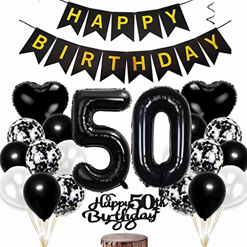 Conruich Luftballon 50. Geburtstag Deko, Geburtstagsdeko 50 Jahre Mann Frau, Tortendeko Geburtstag 50 Jahre Frau, Folienballon Zahl 50 Schwarz, Happy Birthday Banner für 50 Jahr Geburtstag Party Deko von Conruich