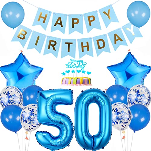 Conruich Luftballon 50. Geburtstag Dekoration, Geburtstagsdeko 50 Jahre Mann Frau, Tortendeko Geburtstag 50 Jahre Männer, Blau 50. Geburtstag Deko, Happy Birthday Banner für 50. Geburtstag Party Deko von Conruich