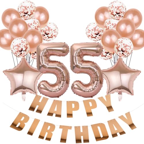 Conruich Luftballon 55. Geburtstag Deko, Roségold Geburtstagsdeko 55 Jahre Frau, Folienballon Happy 55th Birthday Deko 55 Jahre Frau, Happy Birthday Banner für 55. Geburtstag Frauen Party Dekoration von Conruich