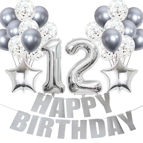 Conruich Luftballons 12. Geburtstag Dekoration, Silber Ballon Happy 12th Birthday DekoDeko 12 Jahre Mädchen, Folienballon Zahl 12 Silber, Deko 12. Geburtstag Mädchen, Geburtstagsdeko 12 Jahr Mädchen von Conruich