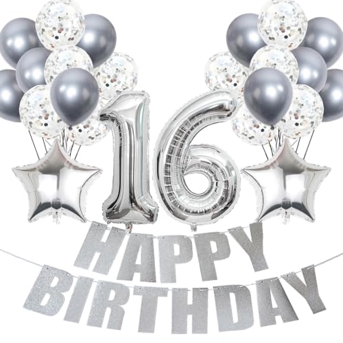 Conruich Luftballons 16. Geburtstag Dekoration, Silber Ballon Happy 16th Birthday DekoDeko 16 Jahre Mädchen, Folienballon Zahl 16 Silber, Deko 16. Geburtstag Mädchen, Geburtstagsdeko 16 Jahr Mädchen von Conruich