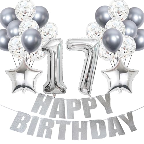 Conruich Luftballons 17. Geburtstag Dekoration, Silber Ballon Happy 17th Birthday DekoDeko 17 Jahre Mädchen, Folienballon Zahl 17 Silber, Deko 17. Geburtstag Mädchen, Geburtstagsdeko 17 Jahr Mädchen von Conruich
