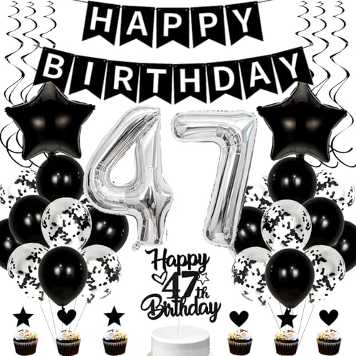 Conruich Luftballons 47. Geburtstag Dekoration - Schwarz Tortendeko für Mann und Frau, Folienballon Zahl 47 Silber, Deko für 47 Jahre Frauen und Männer von Conruich