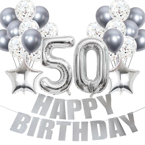 Conruich Luftballons 50. Geburtstag Dekoration, Silber Ballons Happy 50th Birthday DekoDeko 50 Jahre Frau, Folienballon Zahl 50 Silber, Deko 50. Geburtstag Frau, Geburtstagsdeko 50 Jahre Frauen Männer Conruich Luftballons 50. Geburtstag Dekoration, Silber Ballons Happy 50th Birthday DekoDeko 50 Jahre Frau, Folienballon Zahl 50 Silber, Deko 50. Geburtstag Frau, Geburtstagsdeko 50 Jahre Frauen Männer von Conruich