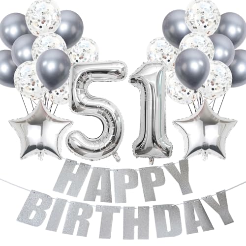 Conruich Luftballons 51. Geburtstag Dekoration, Silber Ballons Happy 51th Birthday DekoDeko 51 Jahre Frau, Folienballon Zahl 51 Silber, Deko 51. Geburtstag Frau, Geburtstagsdeko 51 Jahre Frauen Männer von Conruich