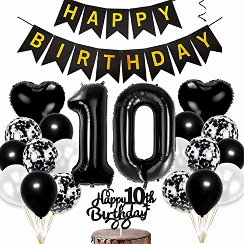 Conruich Luftballon 10. Geburtstag Deko, Geburtstagsdeko 10 Jahre Junge, Tortendeko Geburtstag 10 Jahre Mädchen, Folienballon Zahl 10 Schwarz, Happy Birthday Banner für 10 Jahr Geburtstag Party Deko von Conruich