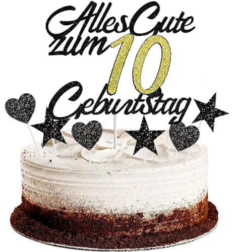 Conruich Tortendeko 10. Geburtstag Jungen, Kuchendeko Happy 10th Birthday Schwarz, Glitzer Kuchen Topper 10. Alles Gute Geburtstag Ballons Konfetti für 10 Jahre Geburtstagstorte Deko Junge Mädchen von Conruich