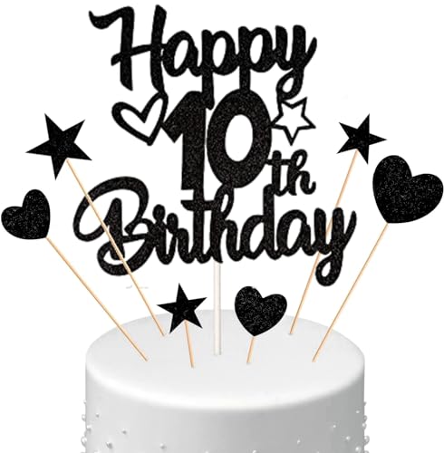 Conruich Tortendeko 10. Geburtstag Jungen, Kuchendeko Happy 10th Birthday Schwarz, Glitzer Kuchen Topper 10. Geburtstag Ballons Konfetti Papierfächer für Geburtstagstorte Deko 10 Jahre Junge Mädchen von Conruich