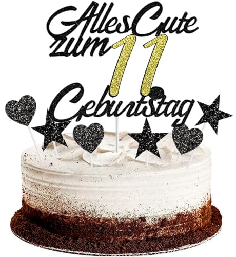 Conruich Tortendeko 11. Geburtstag Jungen, Kuchendeko Happy 11th Birthday Schwarz, Glitzer Kuchen Topper 11. Alles Gute Geburtstag Ballons Konfetti für 11 Jahre Geburtstagstorte Deko Junge Mädchen von Conruich