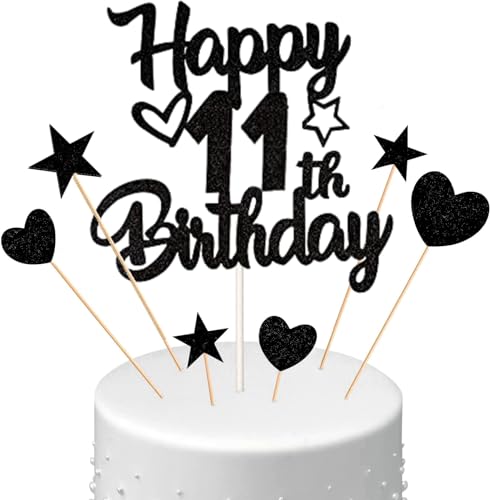 Conruich Tortendeko 11. Geburtstag Jungen, Kuchendeko Happy 11th Birthday Schwarz, Glitzer Kuchen Topper 11. Geburtstag Ballons Konfetti Papierfächer für Geburtstagstorte Deko 11 Jahre Junge Mädchen von Conruich