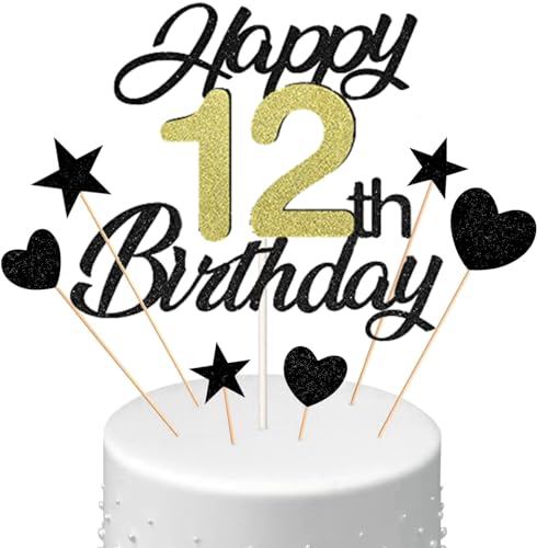 Conruich Tortendeko 12. Geburtstag Jungen, Kuchen Topper Happy 12th Birthday Schwarz, Glitzer Kuchen Deko 12. Geburtstag Ballons Konfetti Papierfächer für Geburtstagstorte Deko 12 Jahre Junge Mädchen von Conruich