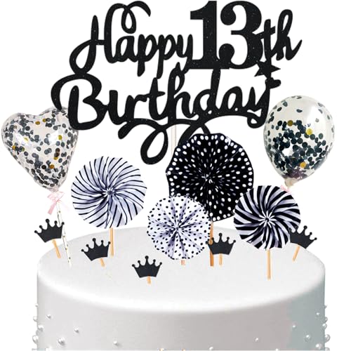 Conruich Tortendeko 13. Geburtstag Junge, Kuchen Topper Happy 13th Birthday Schwarz, Glitzer Kuchendeko 13. Geburtstag Ballons Konfetti Papierfächer für Geburtstagstorte Deko 13 Jahre Kinder von Conruich