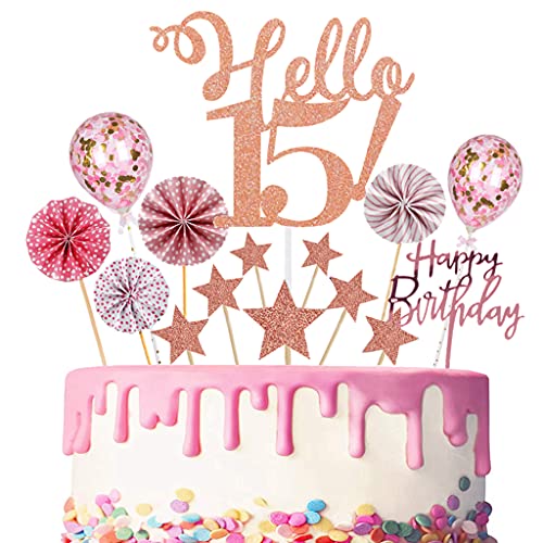 Conruich Tortendeko 15. Geburtstag Mädchen Kuchen Topper Hello 15th Birthday Rosegold mit Papierfächer und Konfetti Luftballons, Glitzer Cake Topper für 15. Geburtstag Party Dekoration von Conruich