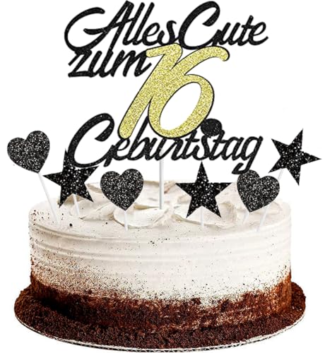 Conruich Tortendeko 16. Geburtstag Jungen, Kuchendeko Happy 16th Birthday Schwarz, Glitzer Kuchen Topper 16. Alles Gute Geburtstag Ballons Konfetti für 16 Jahre Geburtstagstorte Deko Junge Mädchen von Conruich