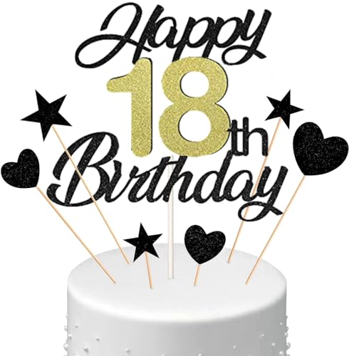 Conruich Tortendeko 18. Geburtstag Jungen, Kuchen Topper Happy 18th Birthday Schwarz, Glitzer Kuchen Deko 18. Geburtstag Ballons Konfetti Papierfächer für Geburtstagstorte Deko 18 Jahre Junge Mädchen von Conruich