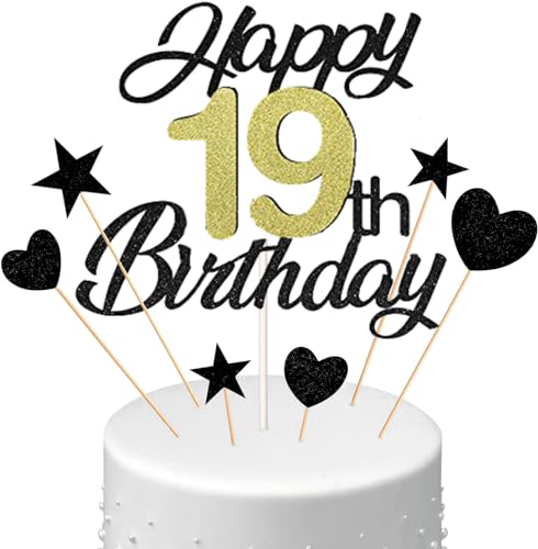 Conruich Tortendeko 19. Geburtstag Jungen, Kuchen Topper Happy 19th Birthday Schwarz, Glitzer Kuchen Deko 19. Geburtstag Ballons Konfetti Papierfächer für Geburtstagstorte Deko 19 Jahre Junge Mädchen von Conruich