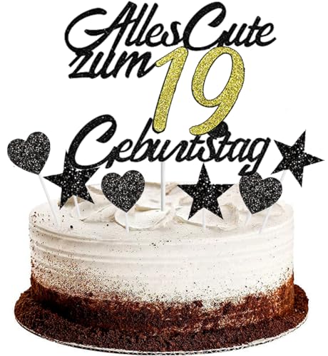 Conruich Tortendeko 19. Geburtstag Jungen, Kuchendeko Happy 19th Birthday Schwarz, Glitzer Kuchen Topper 19. Alles Gute Geburtstag Ballons Konfetti für 19 Jahre Geburtstagstorte Deko Junge Mädchen von Conruich