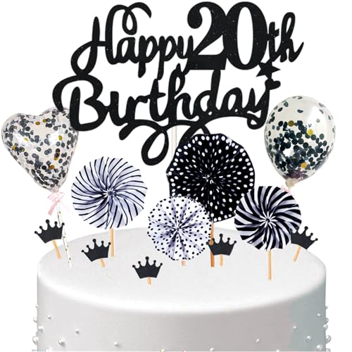 Conruich Tortendeko 20. Geburtstag Mann, Kuchen Topper Happy 20th Birthday Schwarz, Glitzer Cake Topper 20. Geburtstag Ballons Konfetti Papierfächer für Geburtstagstorte Deko 20 Jahre Frauen Männer von Conruich