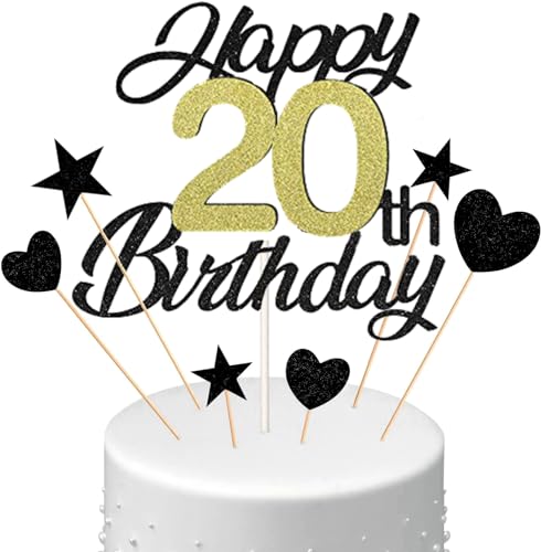Conruich Tortendeko 20. Geburtstag Mann, Kuchen Topper Happy 20th Birthday Schwarz, Glitzer Kuchen Deko 20. Geburtstag Ballons Konfetti Papierfächer für Geburtstagstorte Deko 20 Jahre Frauen Männer von Conruich