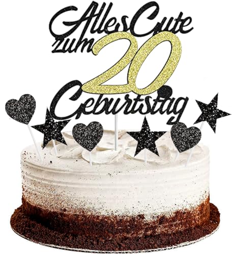 Conruich Tortendeko 20. Geburtstag Mann, Kuchendeko Happy 20th Birthday Schwarz, Glitzer Kuchen Topper 20. Alles Gute Geburtstag Ballons Konfetti für 20 Jahre Geburtstagstorte Deko Frauen Männer von Conruich