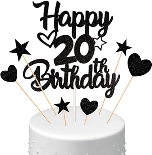 Conruich Tortendeko 20. Geburtstag Mann, Kuchendeko Happy 20th Birthday Schwarz, Glitzer Kuchen Topper 20. Geburtstag Ballons Konfetti Papierfächer für Geburtstagstorte Deko 20 Jahre Frauen Männer von Conruich