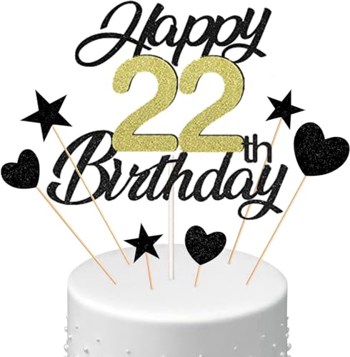 Conruich Tortendeko 22. Geburtstag Mann, Kuchen Topper Happy 22th Birthday Schwarz, Glitzer Kuchen Deko 22. Geburtstag Ballons Konfetti Papierfächer für Geburtstagstorte Deko 22 Jahre Frauen Männer von Conruich
