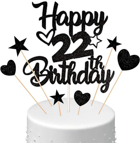 Conruich Tortendeko 22. Geburtstag Mann, Kuchendeko Happy 22th Birthday Schwarz, Glitzer Kuchen Topper 22. Geburtstag Ballons Konfetti Papierfächer für Geburtstagstorte Deko 22 Jahre Frauen Männer von Conruich