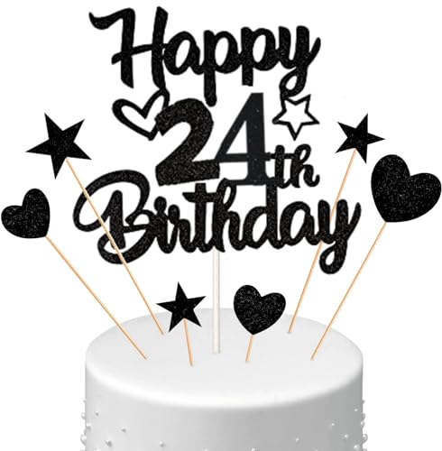 Conruich Tortendeko 24. Geburtstag Mann, Kuchendeko Happy 24th Birthday Schwarz, Glitzer Kuchen Topper 24. Geburtstag Ballons Konfetti Papierfächer für Geburtstagstorte Deko 24 Jahre Frauen Männer von Conruich