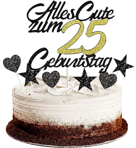 Conruich Tortendeko 25. Geburtstag Mann, Kuchendeko Happy 25th Birthday Schwarz, Glitzer Kuchen Topper 25. Alles Gute Geburtstag Ballons Konfetti für 25 Jahre Geburtstagstorte Deko Frauen Männer von Conruich