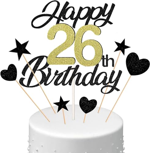 Conruich Tortendeko 26. Geburtstag Mann, Kuchen Topper Happy 26th Birthday Schwarz, Glitzer Kuchen Deko 26. Geburtstag Ballons Konfetti Papierfächer für Geburtstagstorte Deko 26 Jahre Frauen Männer von Conruich
