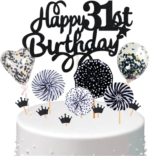 Conruich Tortendeko 31. Geburtstag Mann, Kuchen Topper Happy 31th Birthday Schwarz, Glitzer Cake Topper 31. Geburtstag Ballons Konfetti Papierfächer für Geburtstagstorte Deko 31 Jahre Frauen Männer Conruich Tortendeko 31. Geburtstag Mann, Kuchen Topper Happy 31th Birthday Schwarz, Glitzer Cake Topper 31. Geburtstag Ballons Konfetti Papierfächer für Geburtstagstorte Deko 31 Jahre Frauen Männer von Conruich