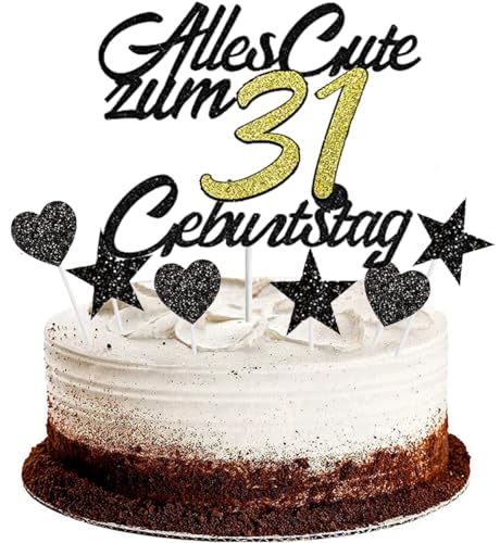 Conruich Tortendeko 31. Geburtstag Mann, Kuchendeko Happy 31th Birthday Schwarz, Glitzer Kuchen Topper 31. Alles Gute Geburtstag Ballons Konfetti für 31 Jahre Geburtstagstorte Deko Frauen Männer von Conruich