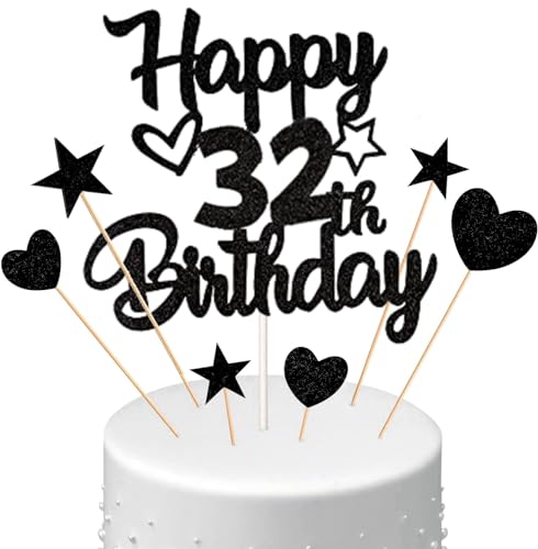 Conruich Tortendeko 32. Geburtstag Mann, Kuchendeko Happy 32th Birthday Schwarz, Glitzer Kuchen Topper 32. Geburtstag Ballons Konfetti Papierfächer für Geburtstagstorte Deko 32 Jahre Frauen Männer von Conruich