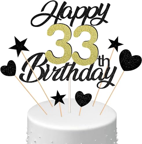 Conruich Tortendeko 33. Geburtstag Mann, Kuchen Topper Happy 33th Birthday Schwarz, Glitzer Kuchen Deko 33. Geburtstag Ballons Konfetti Papierfächer für Geburtstagstorte Deko 33 Jahre Frauen Männer von Conruich