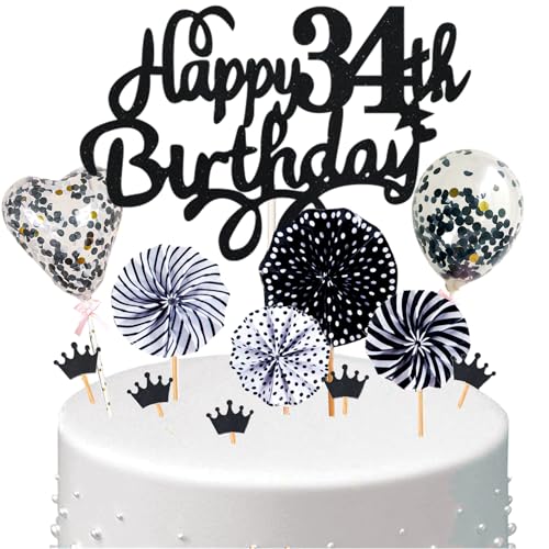 Conruich Tortendeko 34. Geburtstag Mann, Kuchen Topper Happy 34th Birthday Schwarz, Glitzer Cake Topper 34. Geburtstag Ballons Konfetti Papierfächer für Geburtstagstorte Deko 34 Jahre Frauen Männer von Conruich