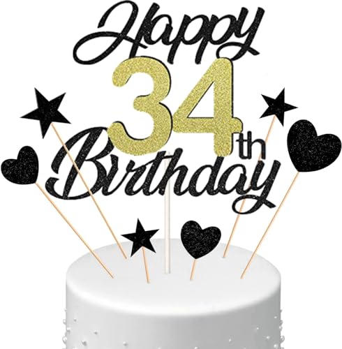 Conruich Tortendeko 34. Geburtstag Mann, Kuchen Topper Happy 34th Birthday Schwarz, Glitzer Kuchen Deko 34. Geburtstag Ballons Konfetti Papierfächer für Geburtstagstorte Deko 34 Jahre Frauen Männer von Conruich