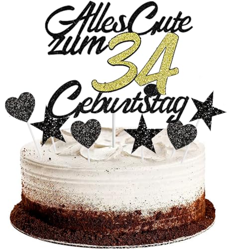 Conruich Tortendeko 34. Geburtstag Mann, Kuchendeko Happy 34th Birthday Schwarz, Glitzer Kuchen Topper 34. Alles Gute Geburtstag Ballons Konfetti für 34 Jahre Geburtstagstorte Deko Frauen Männer von Conruich