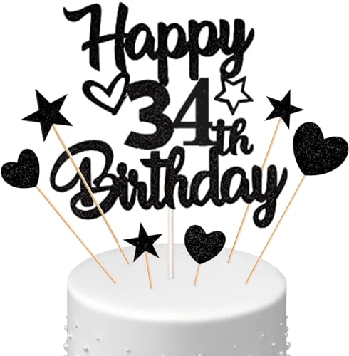 Conruich Tortendeko 34. Geburtstag Mann, Kuchendeko Happy 34th Birthday Schwarz, Glitzer Kuchen Topper 34. Geburtstag Ballons Konfetti Papierfächer für Geburtstagstorte Deko 34 Jahre Frauen Männer von Conruich