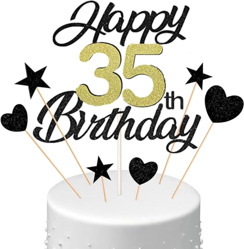 Conruich Tortendeko 35. Geburtstag Mann, Kuchen Topper Happy 35th Birthday Schwarz, Glitzer Kuchen Deko 35. Geburtstag Ballons Konfetti Papierfächer für Geburtstagstorte Deko 35 Jahre Frauen Männer von Conruich