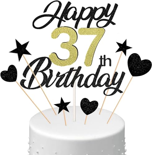 Conruich Tortendeko 37. Geburtstag Mann, Kuchen Topper Happy 37th Birthday Schwarz, Glitzer Kuchen Deko 37. Geburtstag Ballons Konfetti Papierfächer für Geburtstagstorte Deko 37 Jahre Frauen Männer von Conruich