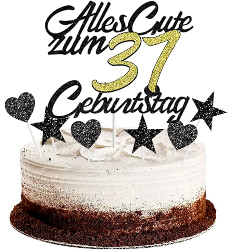 Conruich Tortendeko 37. Geburtstag Mann, Kuchendeko Happy 37th Birthday Schwarz, Glitzer Kuchen Topper 37. Alles Gute Geburtstag Ballons Konfetti für 37 Jahre Geburtstagstorte Deko Frauen Männer von Conruich