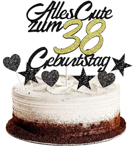 Conruich Tortendeko 38. Geburtstag Mann, Kuchendeko Happy 38th Birthday Schwarz, Glitzer Kuchen Topper 38. Alles Gute Geburtstag Ballons Konfetti für 38 Jahre Geburtstagstorte Deko Frauen Männer von Conruich