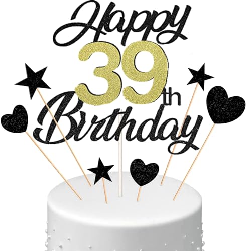 Conruich Tortendeko 39. Geburtstag Mann, Kuchen Topper Happy 39th Birthday Schwarz, Glitzer Kuchen Deko 39. Geburtstag Ballons Konfetti Papierfächer für Geburtstagstorte Deko 39 Jahre Frauen Männer von Conruich