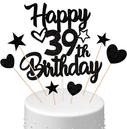 Conruich Tortendeko 39. Geburtstag Mann, Kuchendeko Happy 39th Birthday Schwarz, Glitzer Kuchen Topper 39. Geburtstag Ballons Konfetti Papierfächer für Geburtstagstorte Deko 39 Jahre Frauen Männer von Conruich