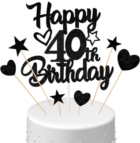 Conruich Tortendeko 40. Geburtstag Mann, Kuchendeko Happy 40th Birthday Schwarz, Glitzer Kuchen Topper 40. Geburtstag Ballons Konfetti Papierfächer für Geburtstagstorte Deko 40 Jahre Frauen Männer von Conruich