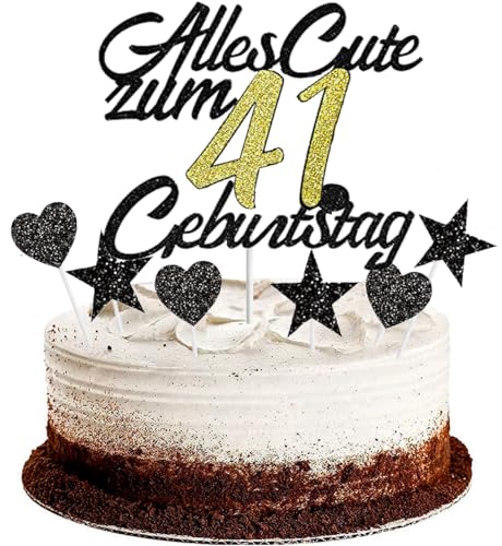 Conruich Tortendeko 41. Geburtstag Mann, Kuchendeko Happy 41th Birthday Schwarz, Glitzer Kuchen Topper 41. Alles Gute Geburtstag Ballons Konfetti für 41 Jahre Geburtstagstorte Deko Frauen Männer von Conruich