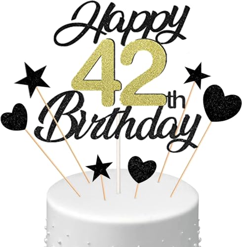 Conruich Tortendeko 42. Geburtstag Mann, Kuchen Topper Happy 42th Birthday Schwarz, Glitzer Kuchen Deko 42. Geburtstag Ballons Konfetti Papierfächer für Geburtstagstorte Deko 42 Jahre Frauen Männer von Conruich